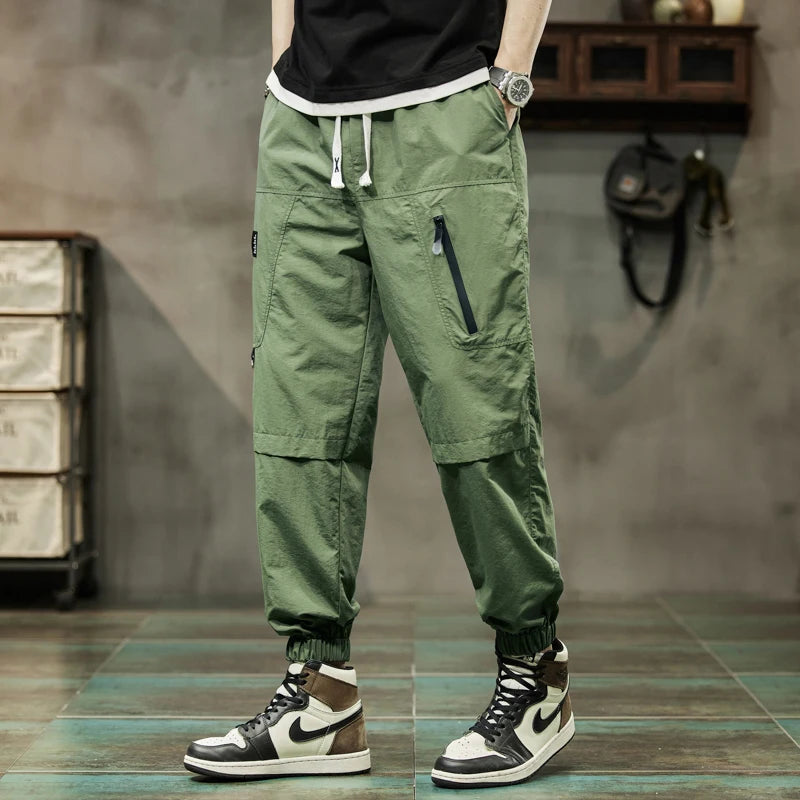 Men's High Waisted Cargo Trousers with Drawstring & Pockets