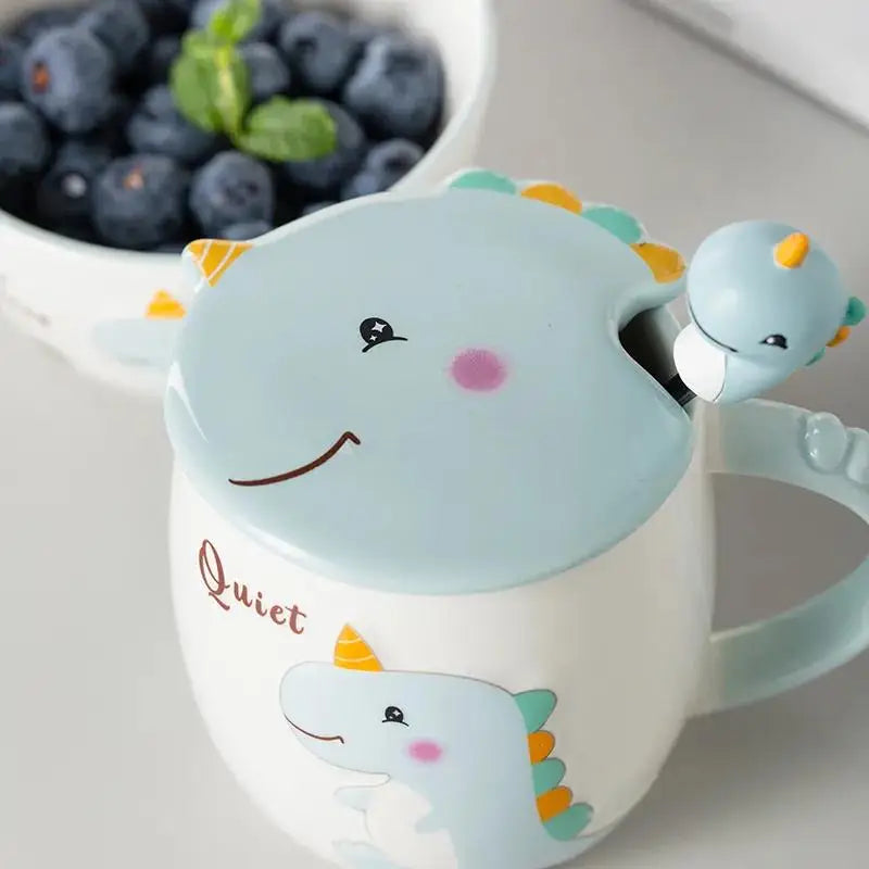 Dinosaur Cartoon Ceramic Mug with Lid & Spoon | Fun Breakfast Cups