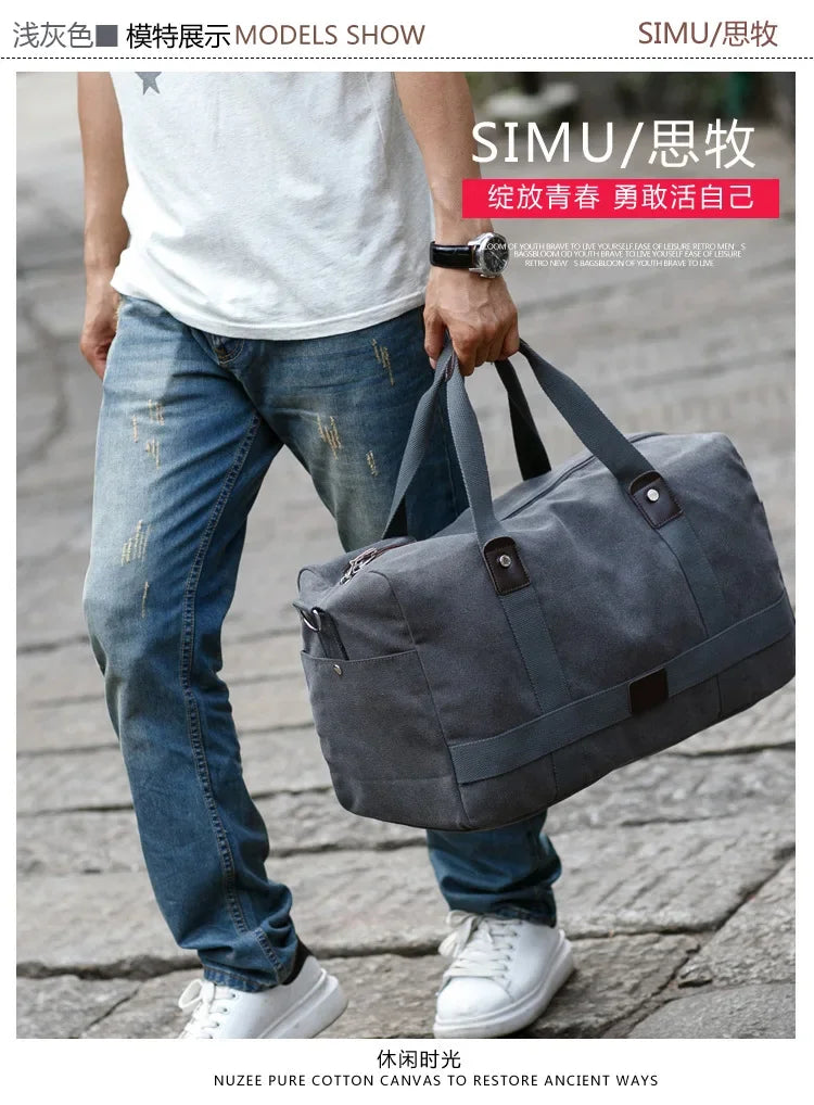 Large Capacity Casual Men's Canvas Travel Handbag | Lightweight Shoulder Bag