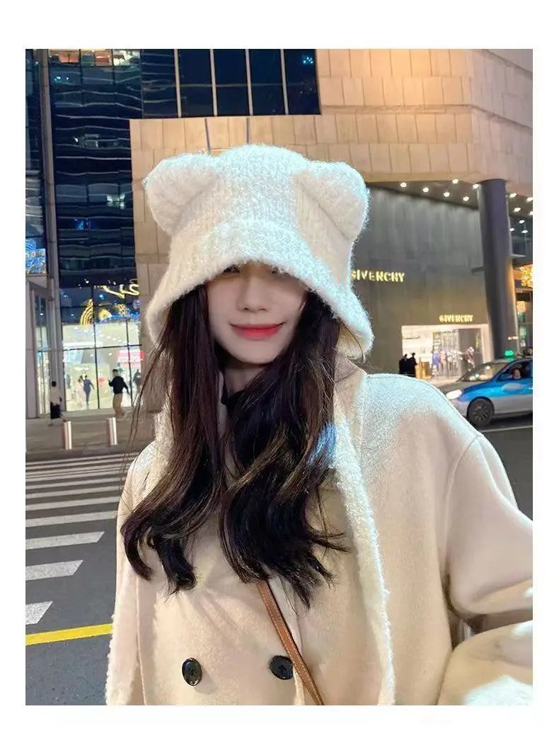Women's Cute Bear Ear Plush Beanie | Cozy Winter Bomber Hat