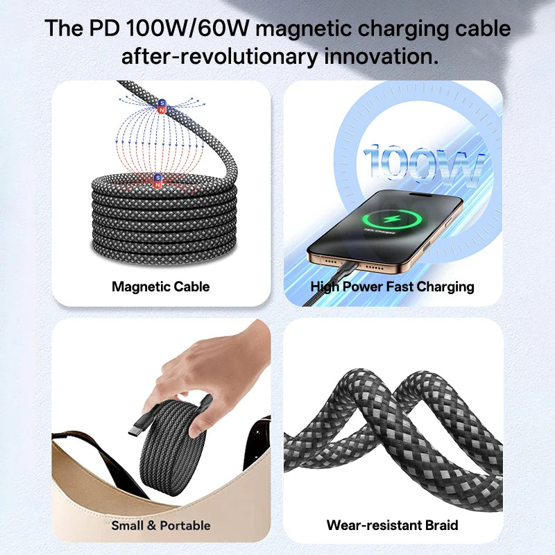 Magnetic Braided USB Type-C Car Charging Cable - 6A Data Transfer