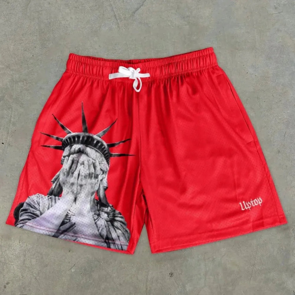 Men's Summer Statue of Liberty Print Drawstring Shorts