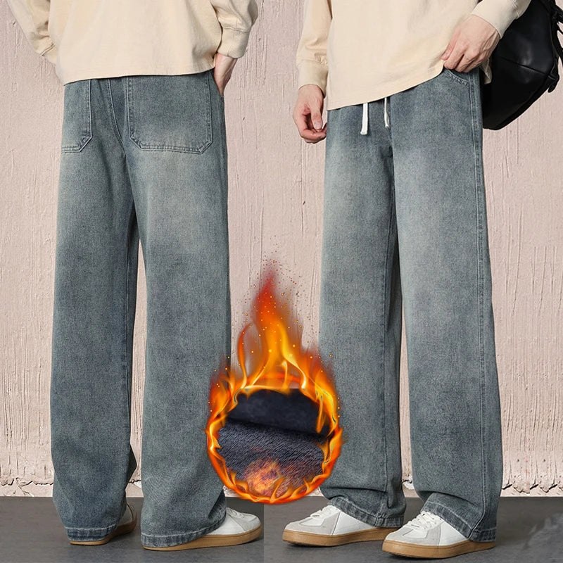 Men's Fleece Lined Baggy Jeans | Warm Winter Denim Pants