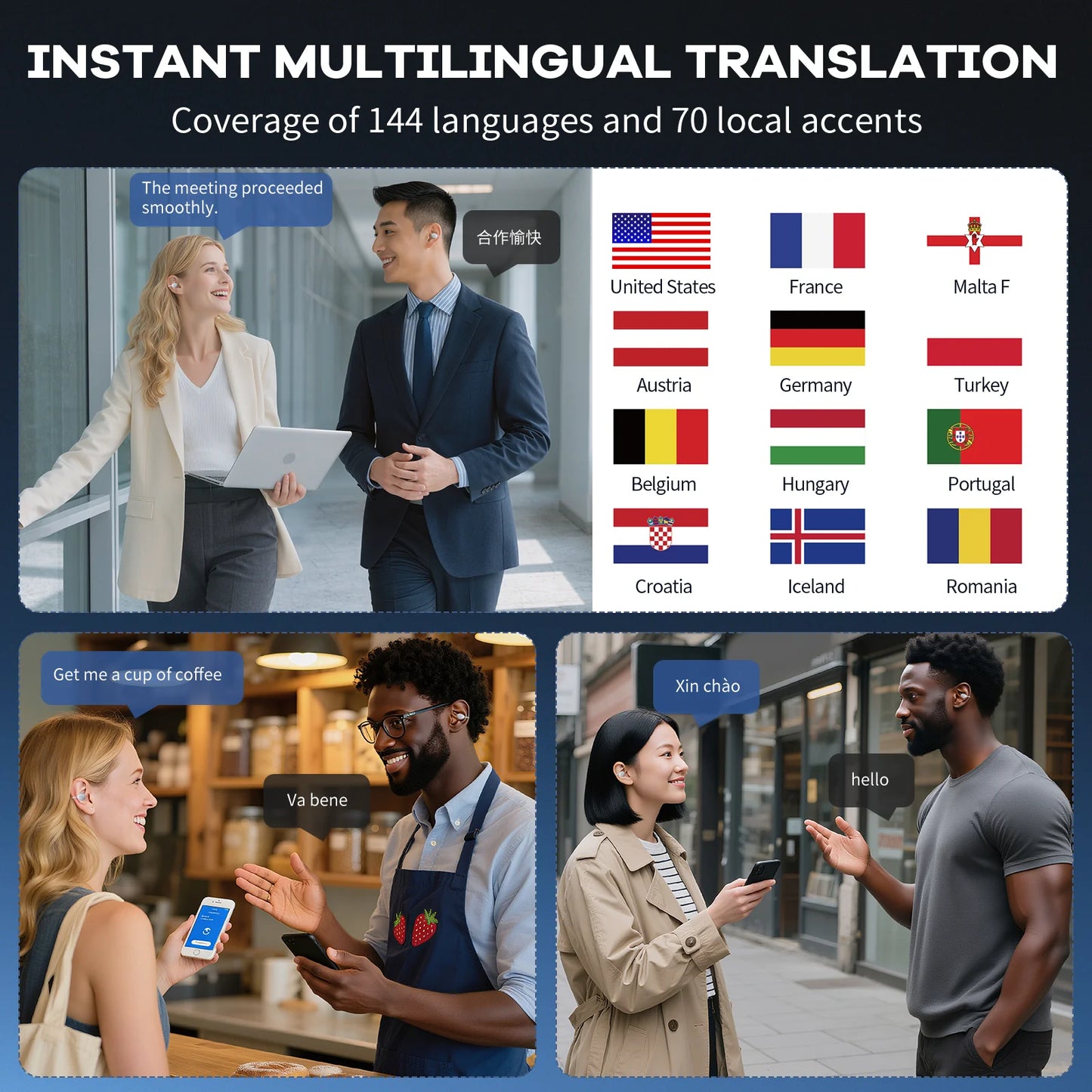 Real-Time AI Translation Earbuds | Wireless Bluetooth Headphones