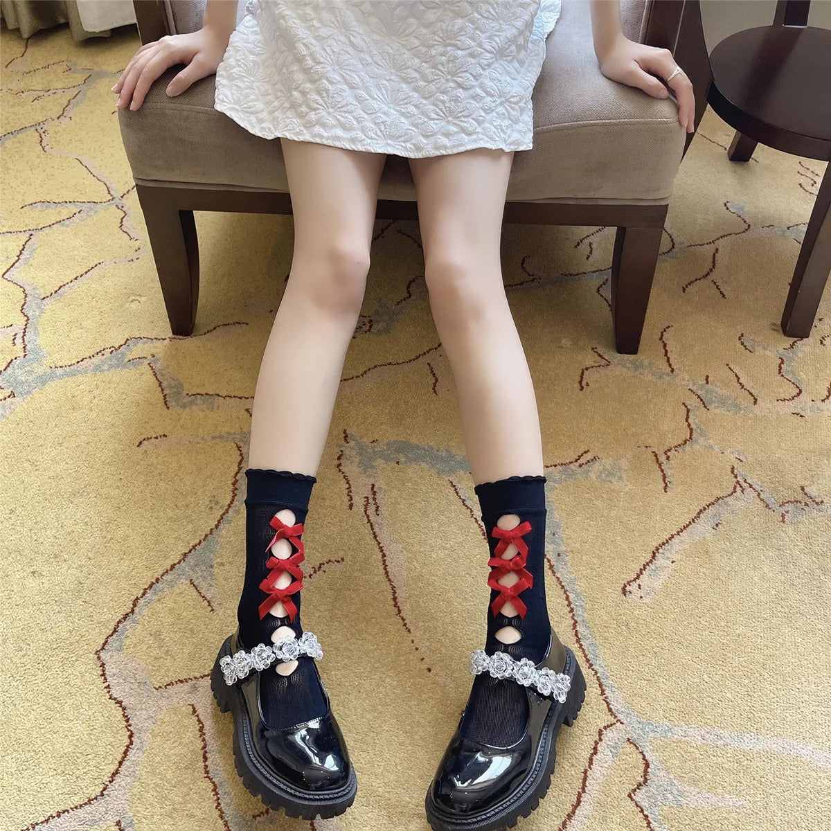 Kawaii Hollow Out Mesh Fishnet Socks | Cute Bow Long Stockings
