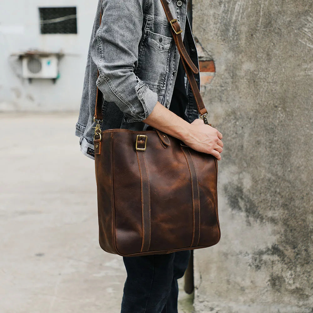 Vintage Genuine Leather Tote Bag | Handmade Unisex Briefcase