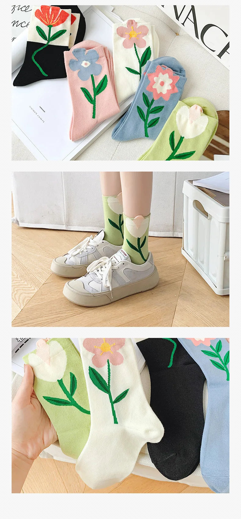 Kawaii Women's Floral Cartoon Socks | Cute Mid Tube Cotton Socks