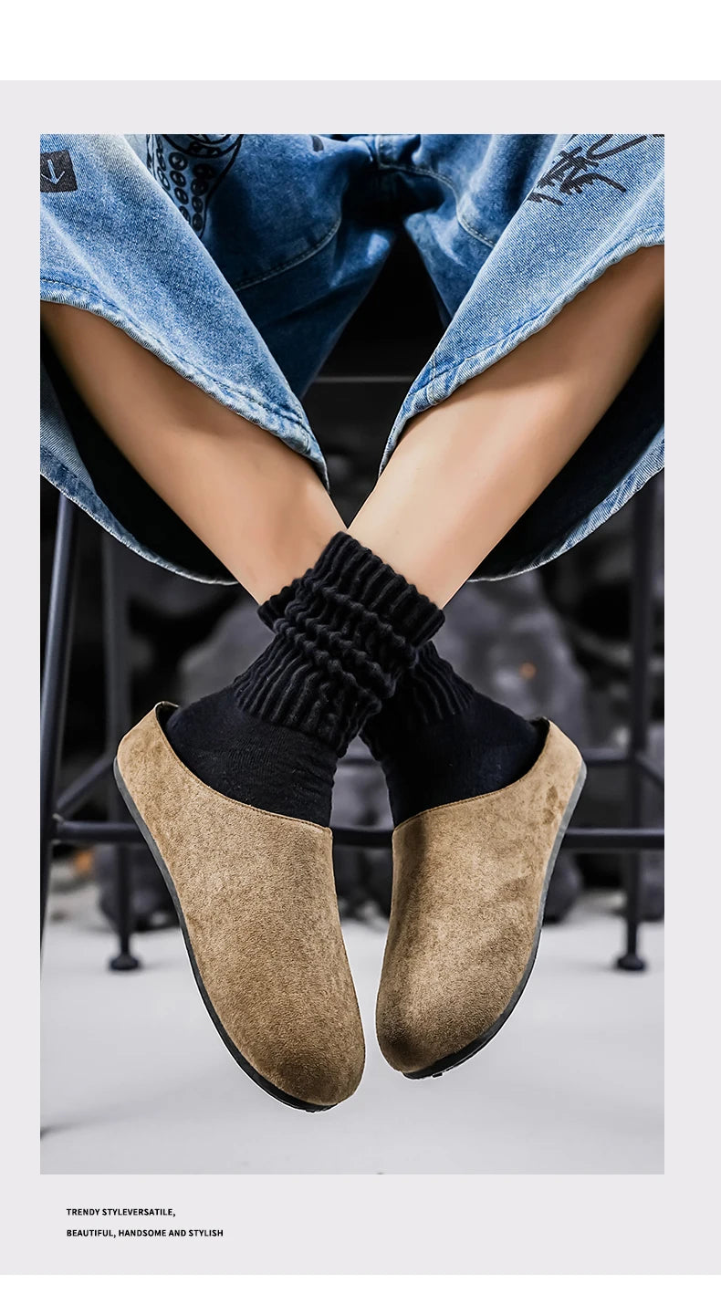New Men's Slippers New Retro Solid Color Flat Bottom Women's Slingback Shoes Closed Toe Round Toe Suede Clogs Sandals Autumn