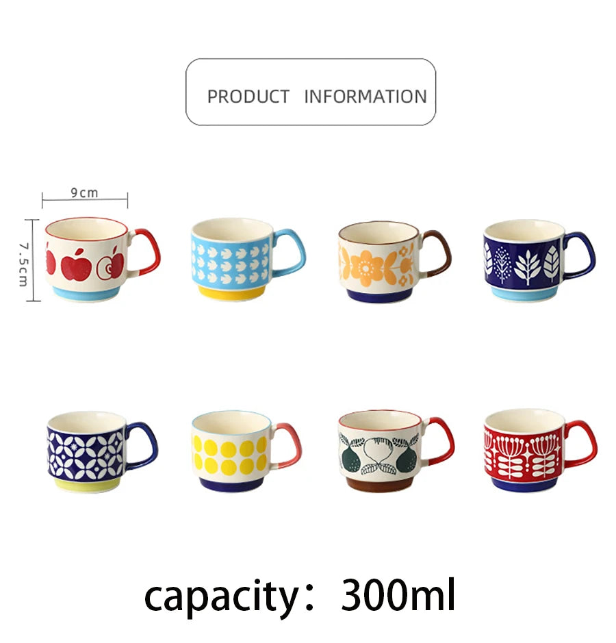 Set de tazas de cerámica retro japonesa con diseño floral de 300 ml | Vajilla elegante