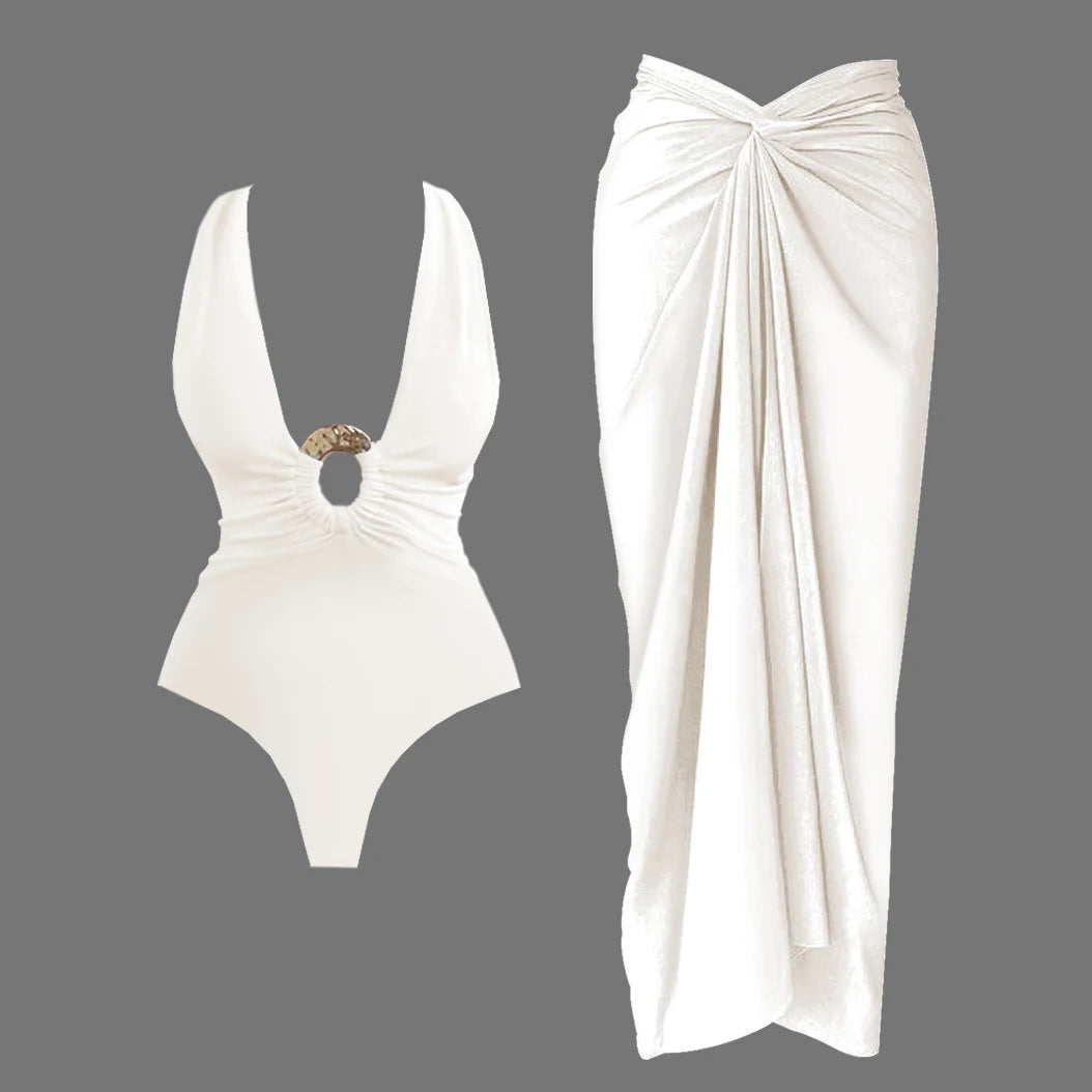 Deep V One Piece Swimsuit | Sexy Shiny High Waist Swimwear