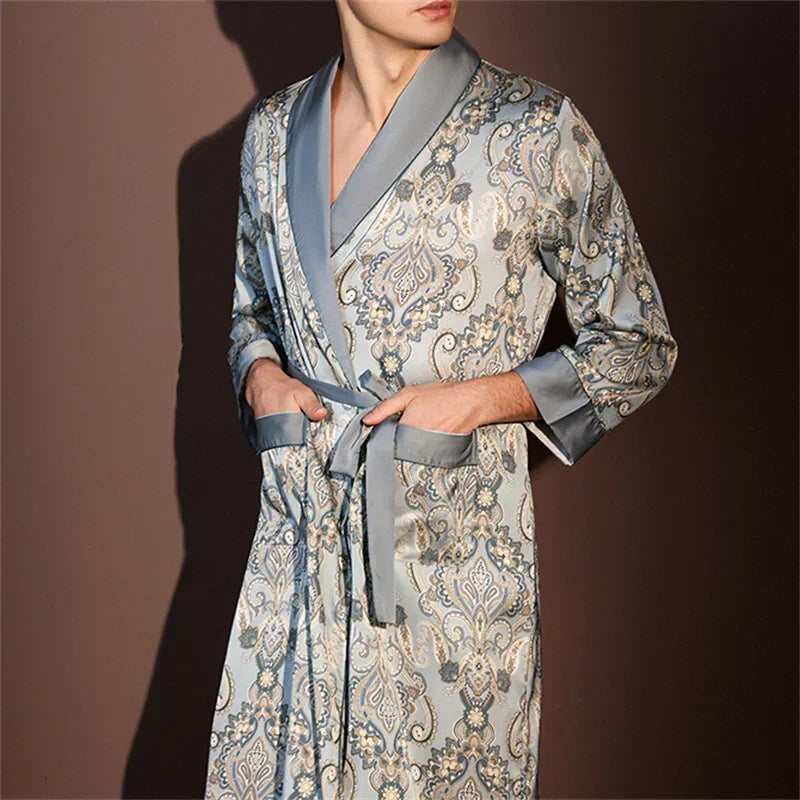 Spring Summer New Mens Robe Printed Bathrobe Kimono Gown Silky Satin Male Sleepwear Night Clothes Loose Casual Homewear Pajama