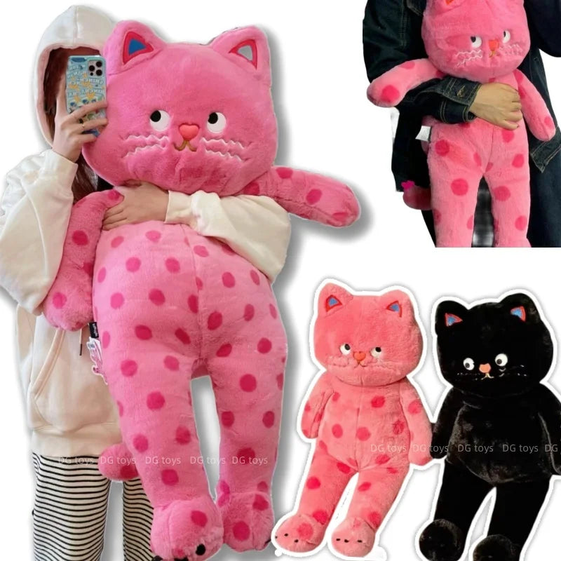 Unique Pink Polka Dot Cat Plush Toy | Soft Black Kitten Cushion