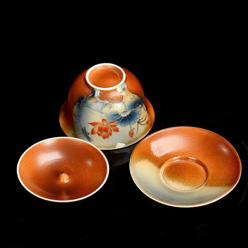 Hand Painted Lotus Gaiwan Tea Tureen | Vintage Ceramic Teacups