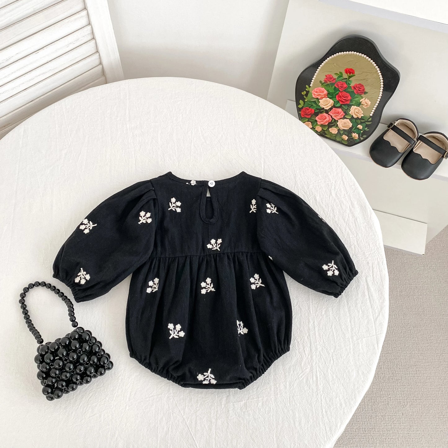 Baby Girls Embroidered Bow Romper | Cozy Autumn Jumpsuit