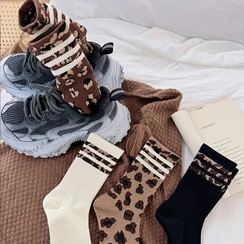 4 pares de calcetines deportivos de algodón con estampado de leopardo para mujer | Modernos y cómodos