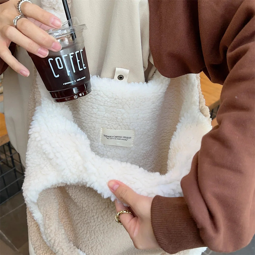 Reversible Plush Shoulder Bag for Women | Warm Fabric Tote