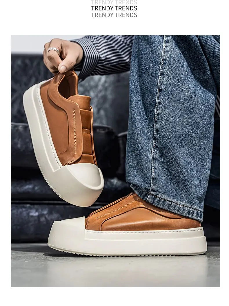 Men's Retro Brown PU Leather Platform Loafers | Lightweight Casual Sneakers