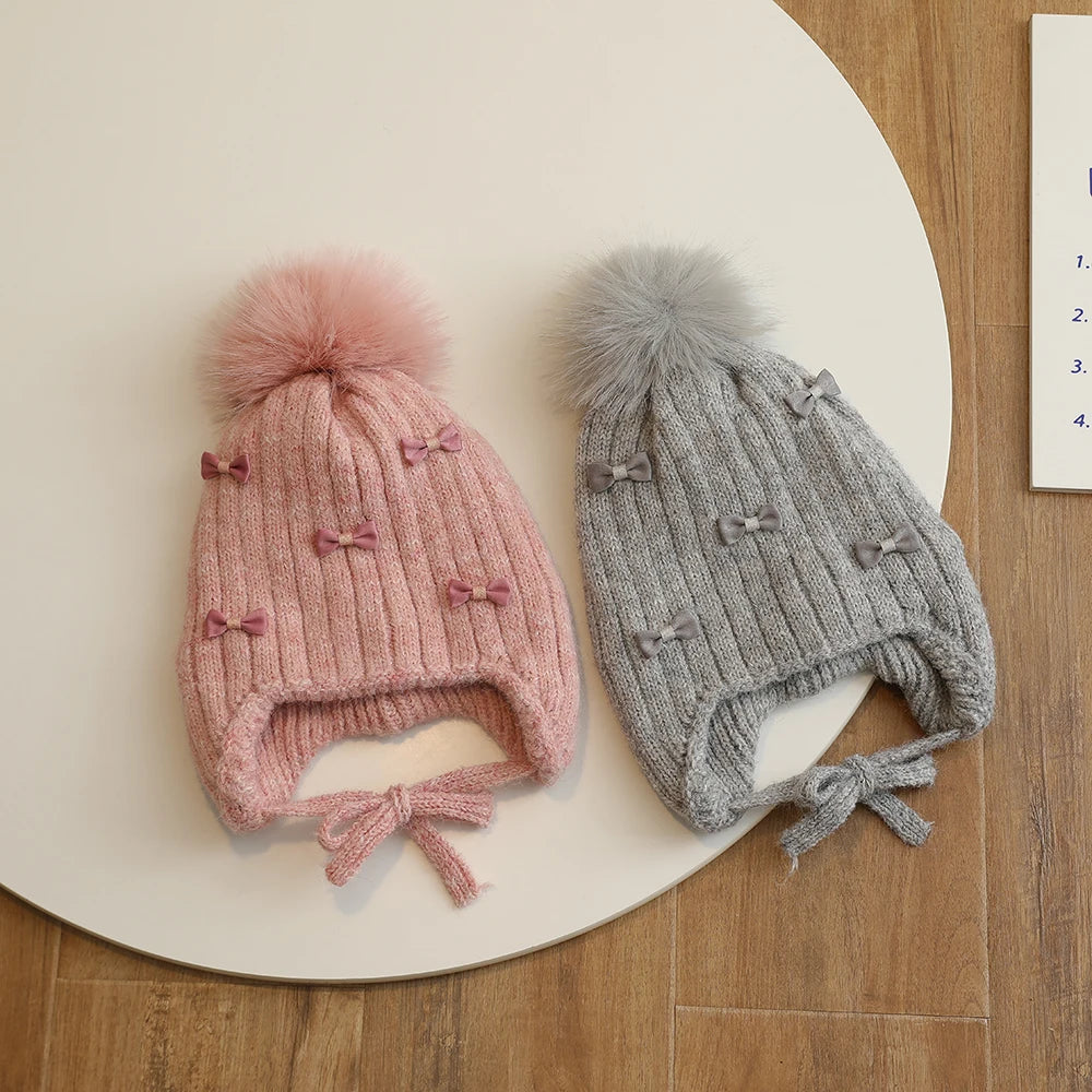 Warm Winter Hat for Girls | Cute Kids Bonnet with Pompom & Bows
