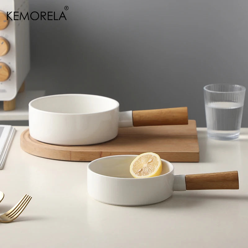 Ceramic Salad Bowl with Wooden Handle | Versatile Tableware