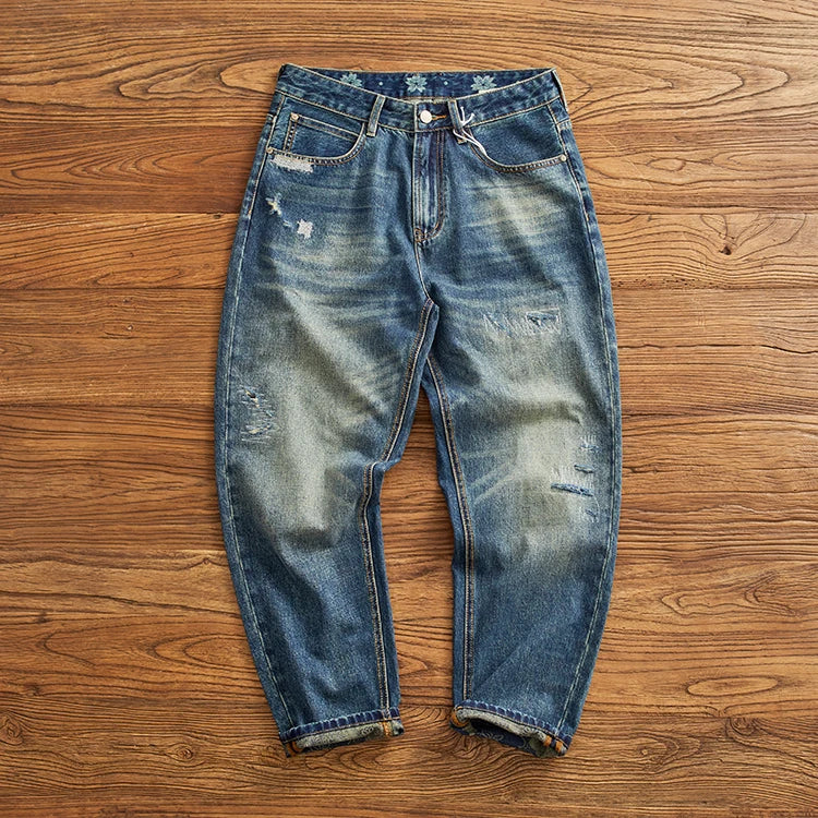Men's Ripped Vintage Jeans | Casual Heavy Straight Leg Denim