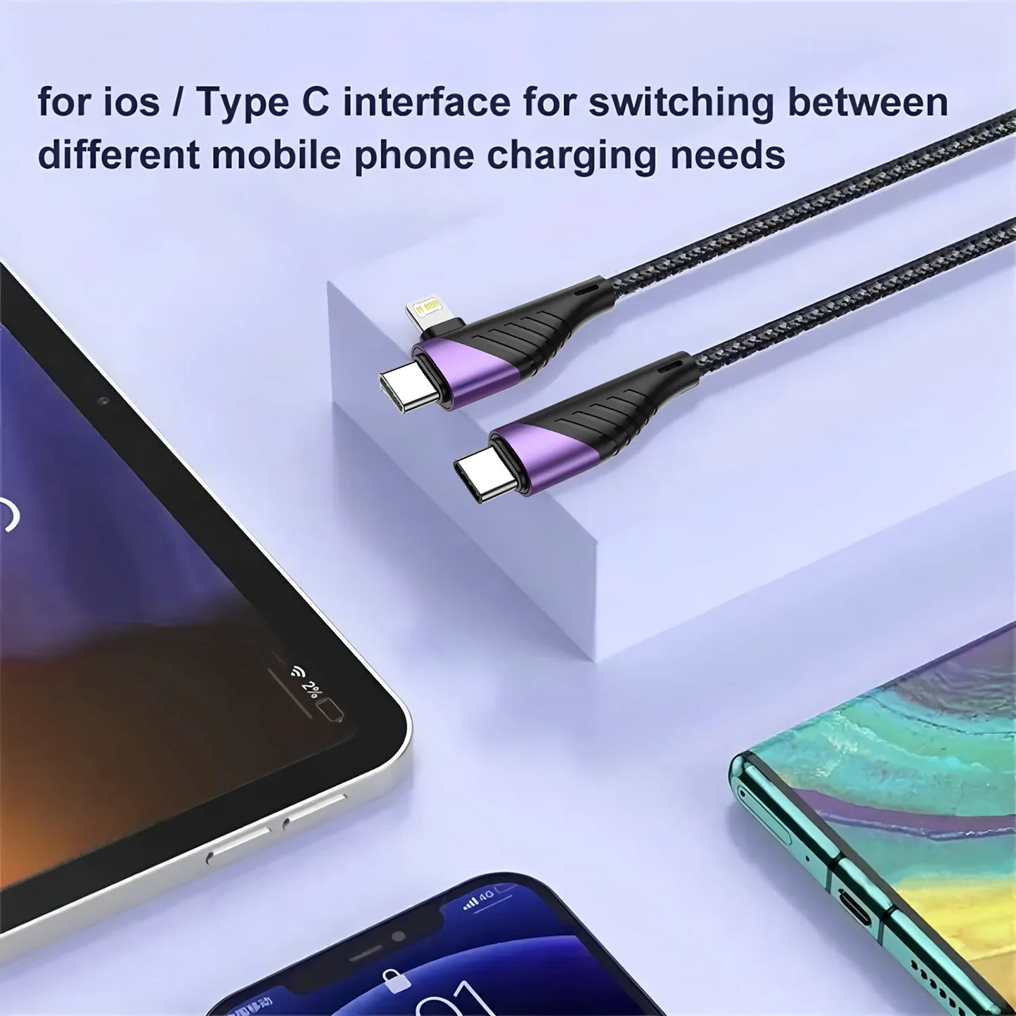 240W PD 2 in 1 Type-C Cable 90 Degree Angle Type C/Lightning Fast Charging Cable For iPhone 16 15 14Pro Max iPad Xiaomi Huawei