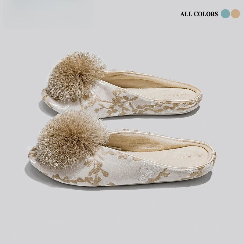Ladies Indoor Cotton Slippers with Pom Poms | Stylish Comfort
