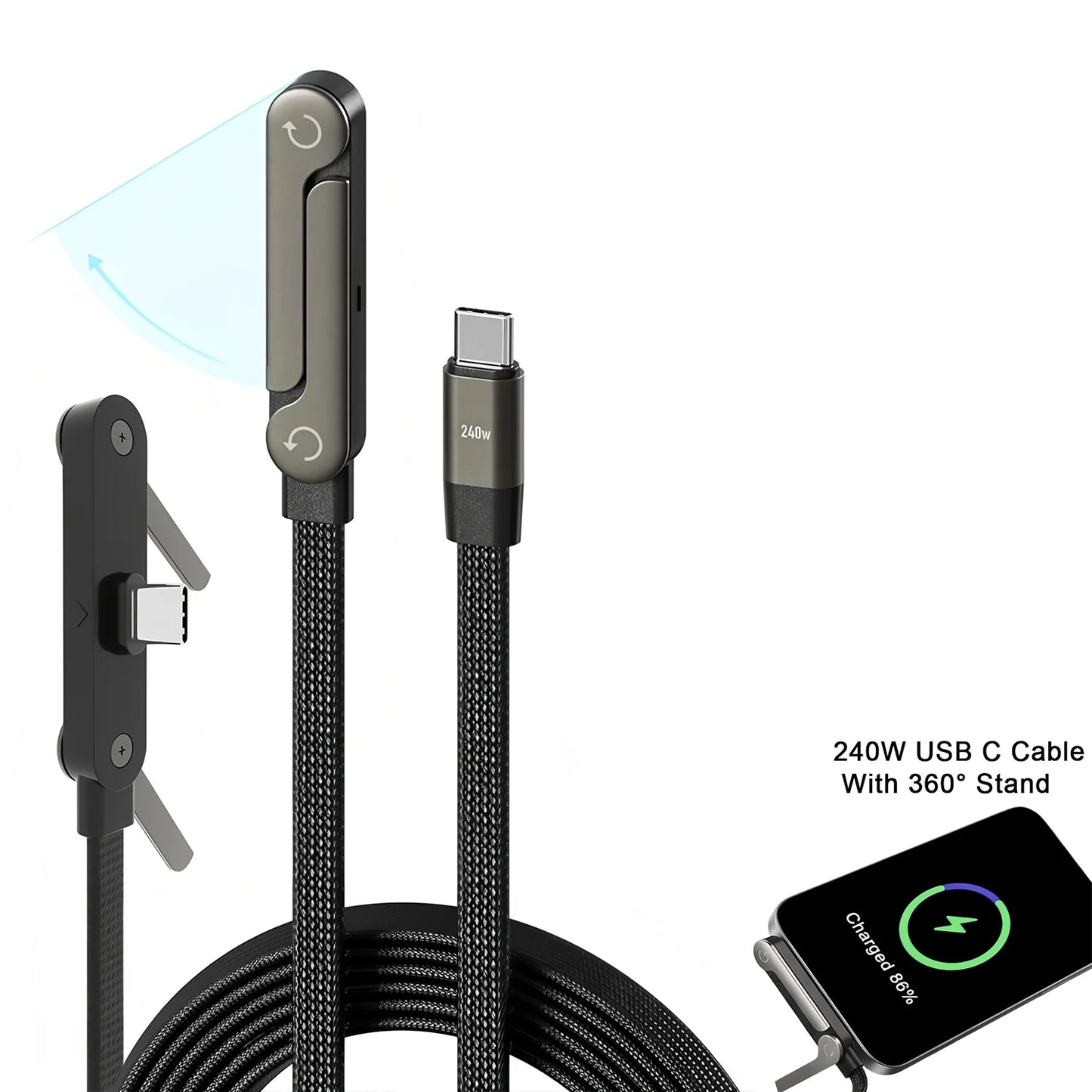 USB Type C Flat Charger Cable with Kickstand | 240W Charging