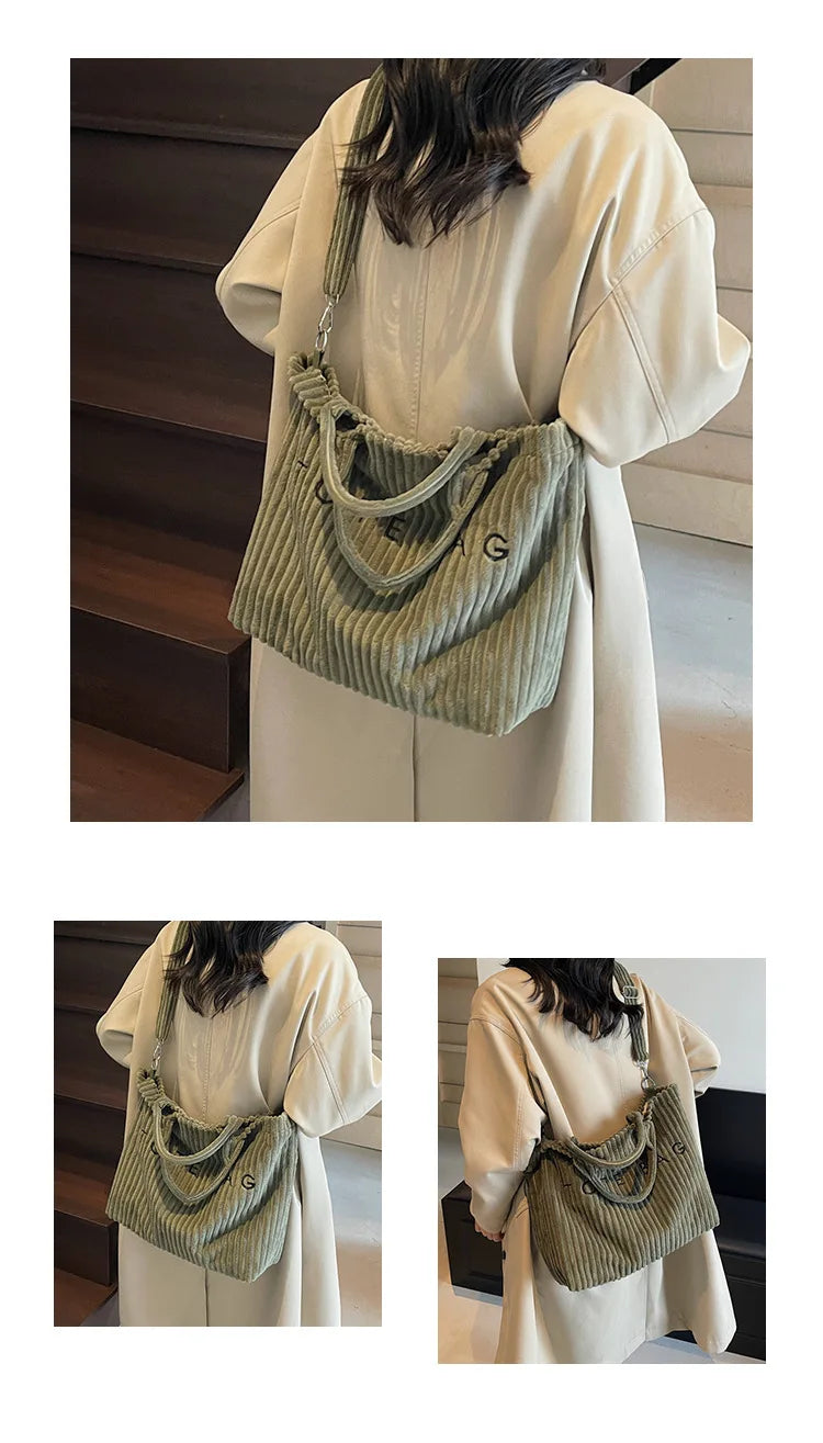 Bolso de mano de terciopelo a rayas de gran capacidad | Bolso tote elegante y versátil