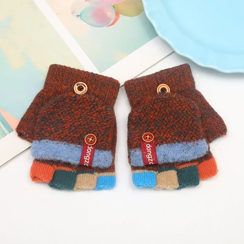 Kids Half Finger Flip Gloves | Warm Jacquard Design for Winter
