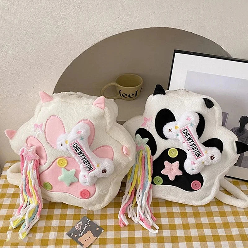 Cute Cat Paw Plush Backpack | Kawaii Soft Furry Purse