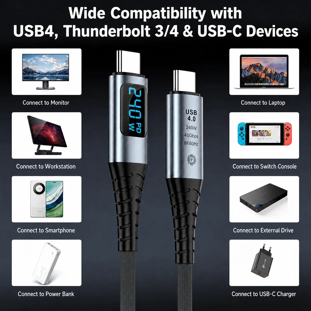 UGOjP USB4 Cable 240W PD Fast Charging with LED Display 40Gbps Data Transfer USB C to C Data Cable for Laptop Phone Tablet