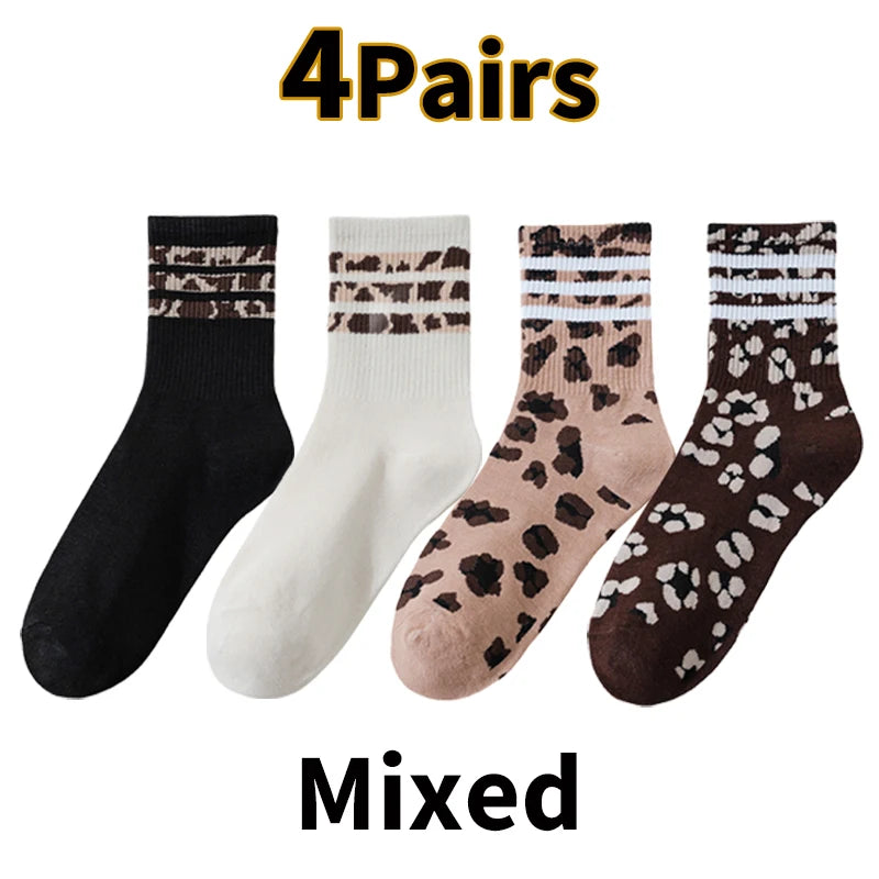 4 pares de calcetines deportivos de algodón con estampado de leopardo para mujer | Modernos y cómodos