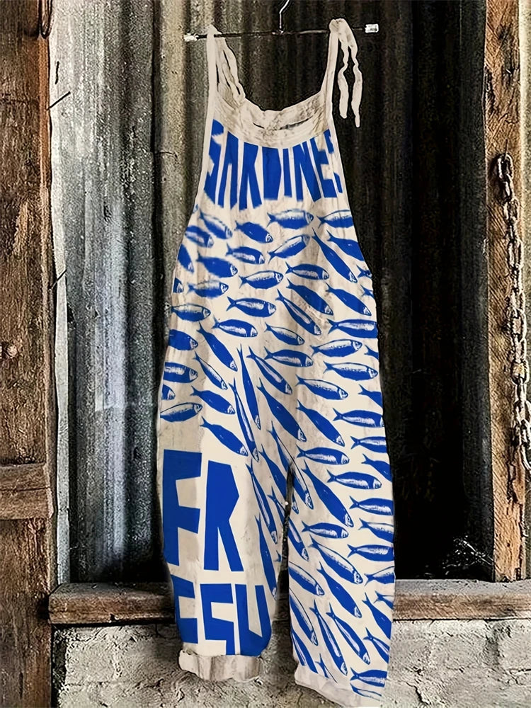 Stylish Women's Fish Print Suspender Jumpsuit for Summer Fun