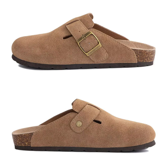Women's Adjustable Buckle Cork Clogs | Comfortable Suede Slippers