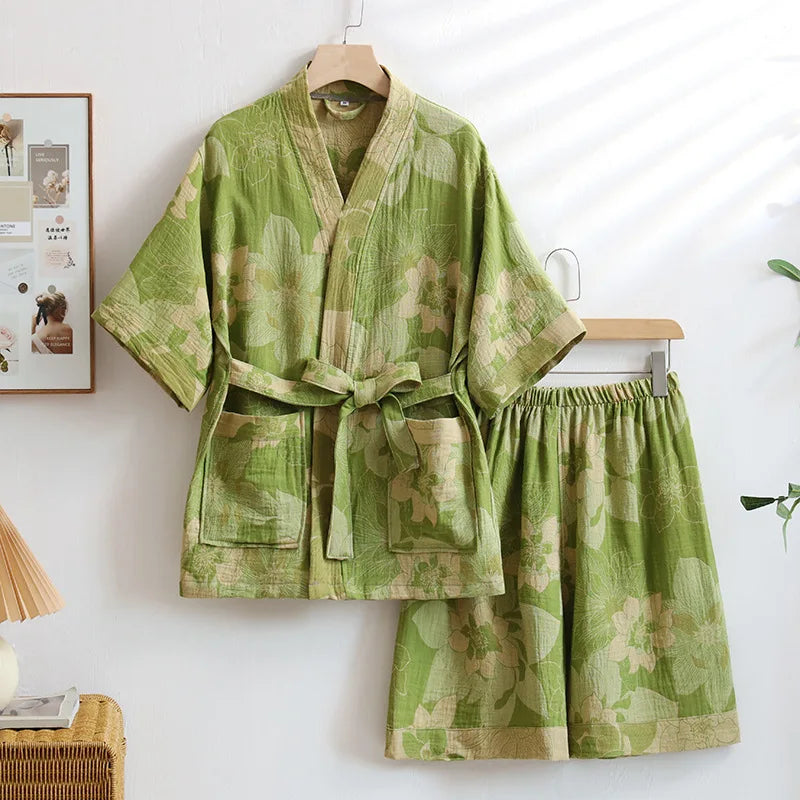 Cotton Double-layer Yarn Jacquard Sweat Steam Clothes Hotel Bathrobe Physiotherapy Clothes with Shorts Pajamas for Women