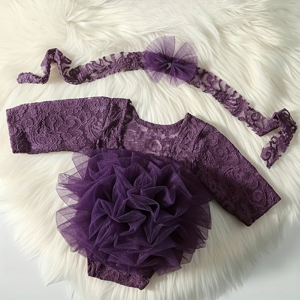 Adorable conjunto de diadema de encaje con flores y pelele para recién nacido para sesiones de fotos