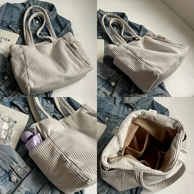 Bolso tote de pana espacioso con cremallera | Bolso de mano elegante