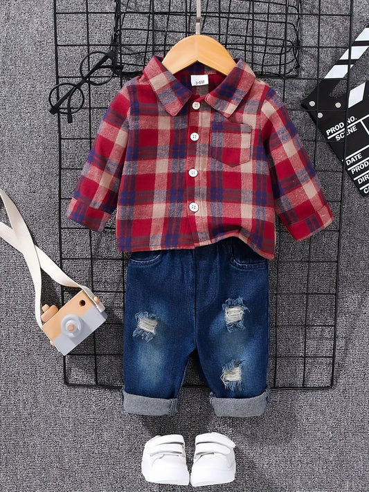 Boys' Stylish Tartan Polo Shirt & Denim Trouser Set | Casual Outfit