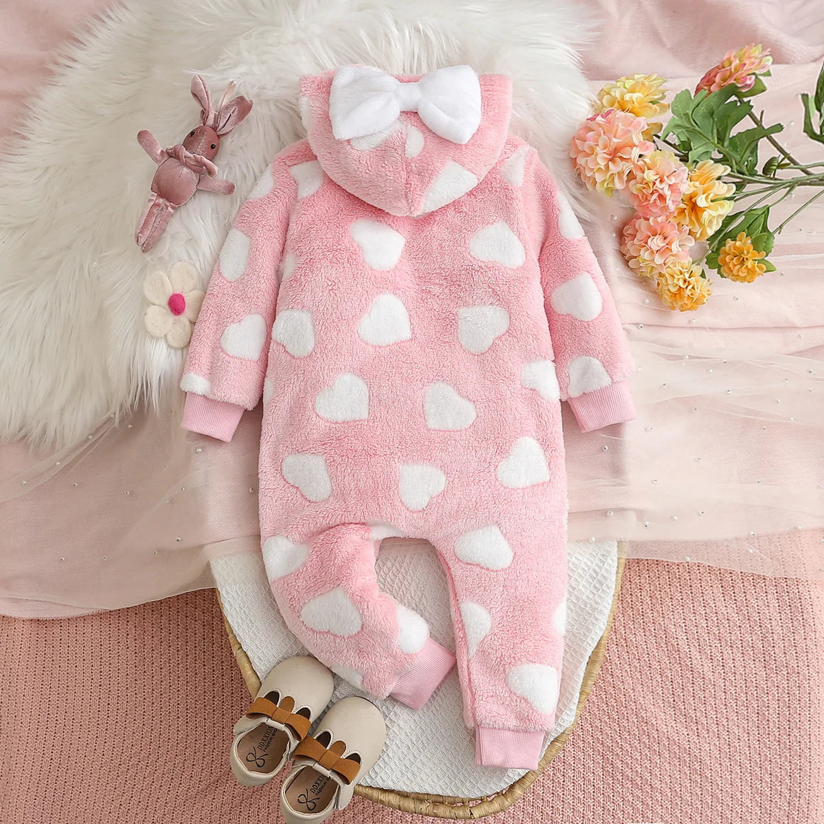 Girls Winter Plush Zipper Hooded Romper Suit | Soft and Cozy Baby Clothes