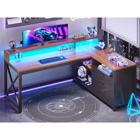 Mesa de Juego Versátil en Forma de L con Cajones y Luces LED