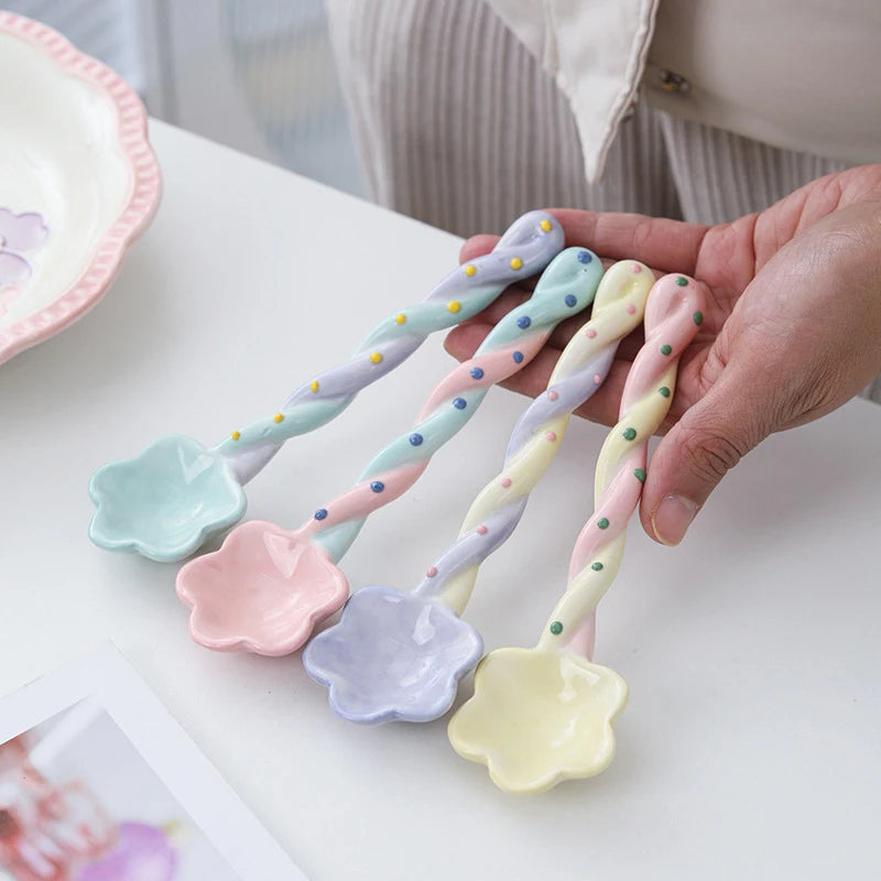 Cute Ceramic Long Handle Spoon for Dessert & Kitchen Use