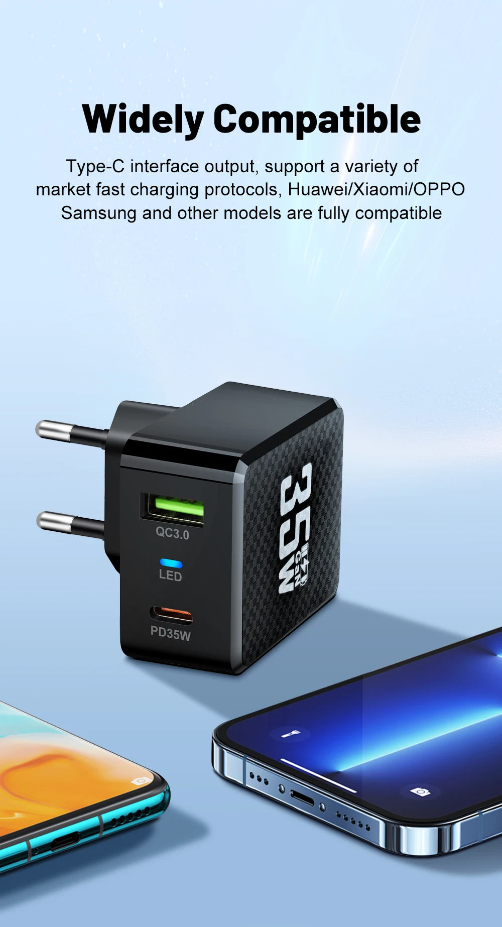 35W GaN Dual Port Fast Charger | USB-C & USB-A Wall Adapter