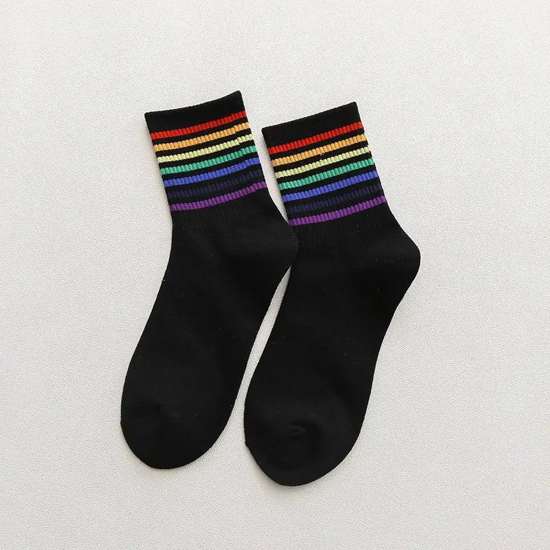Trendy Women's Autumn Rainbow Striped Tube Socks | Stylish High Tops
