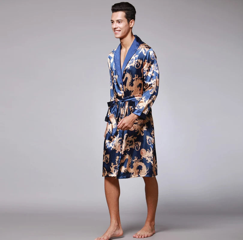 Traditional Japanese KIMONO Fashion YUKATA Oriental Gold Dragons Pattern Bathrobe Summer Men Ice Silk Robes Pajamas  Sleepwear