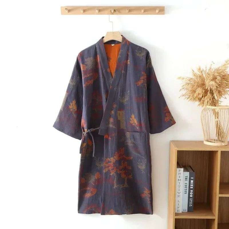 Roomwear Cotton Kimono Pajamas Men's Robes for Spring Jacquard Printed Home Clothing Medium Length Oversized Breathable Bathrobe