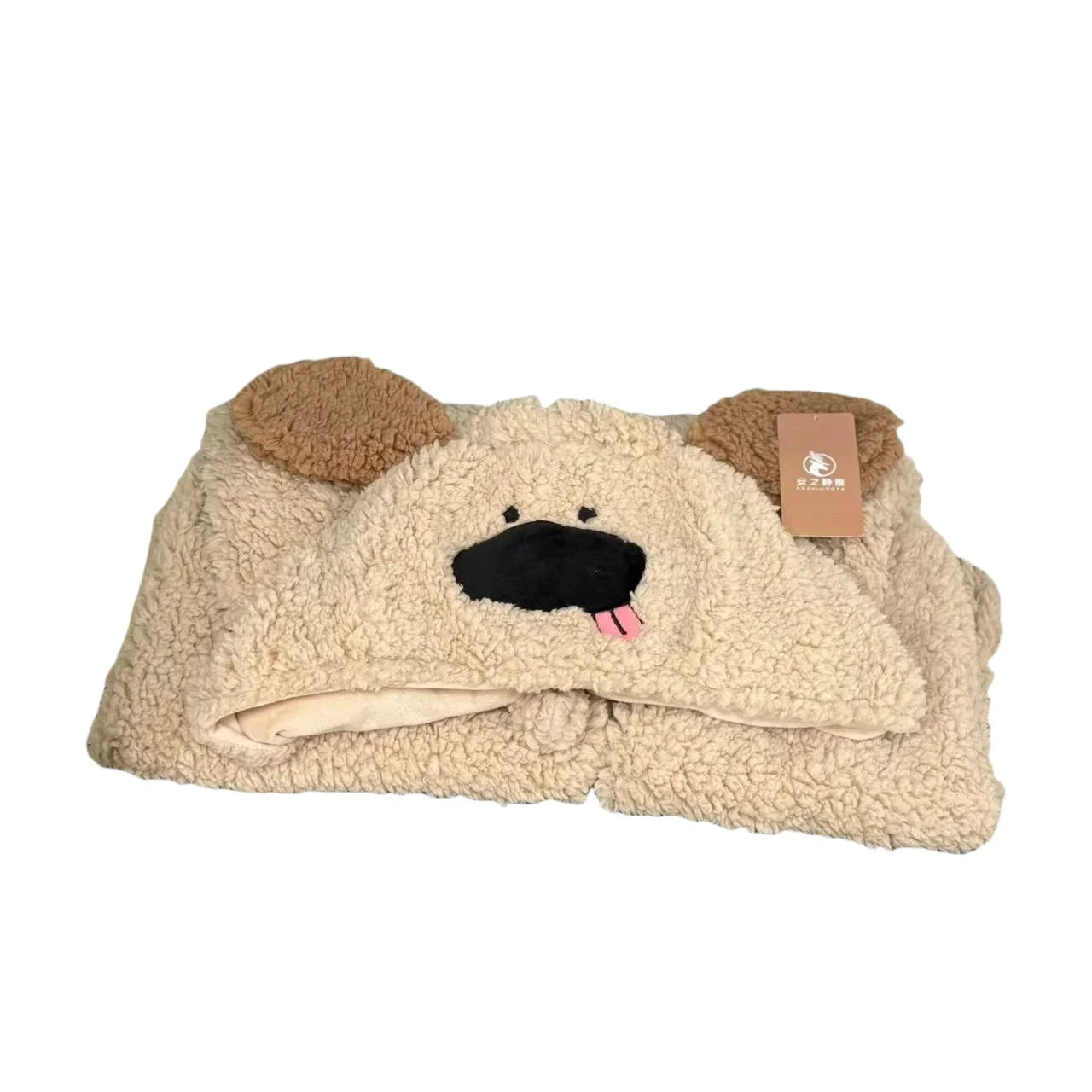 Cartoon Puppy Plush Blanket Toy – Warm Cozy Dog Hat Blanket, Soft Stuffed Plush with PP Cotton, Big Size 110×110cm, Cute Winter Office Companion, Birthday & Christmas Gift