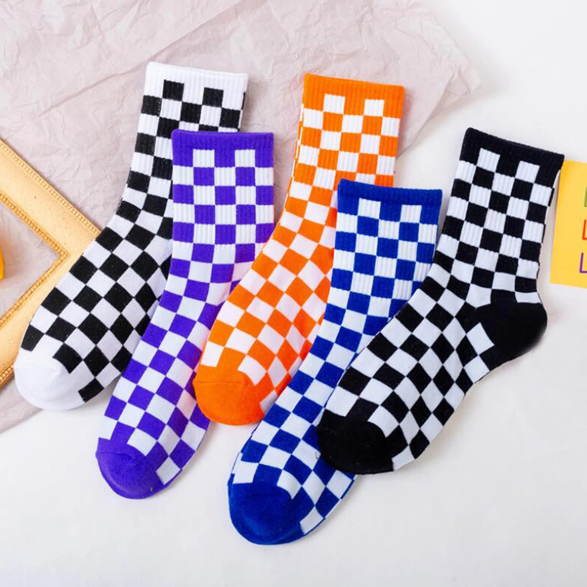 Unisex Checkerboard Socks | Trendy Geometric Cotton Streetwear