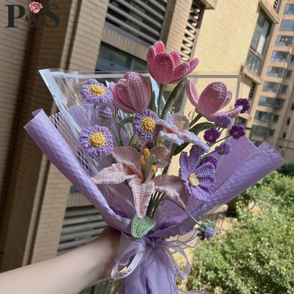 Ramo de Flores Tejido a Crochet a Mano | Elegantes Regalos de Decoración para el Hogar