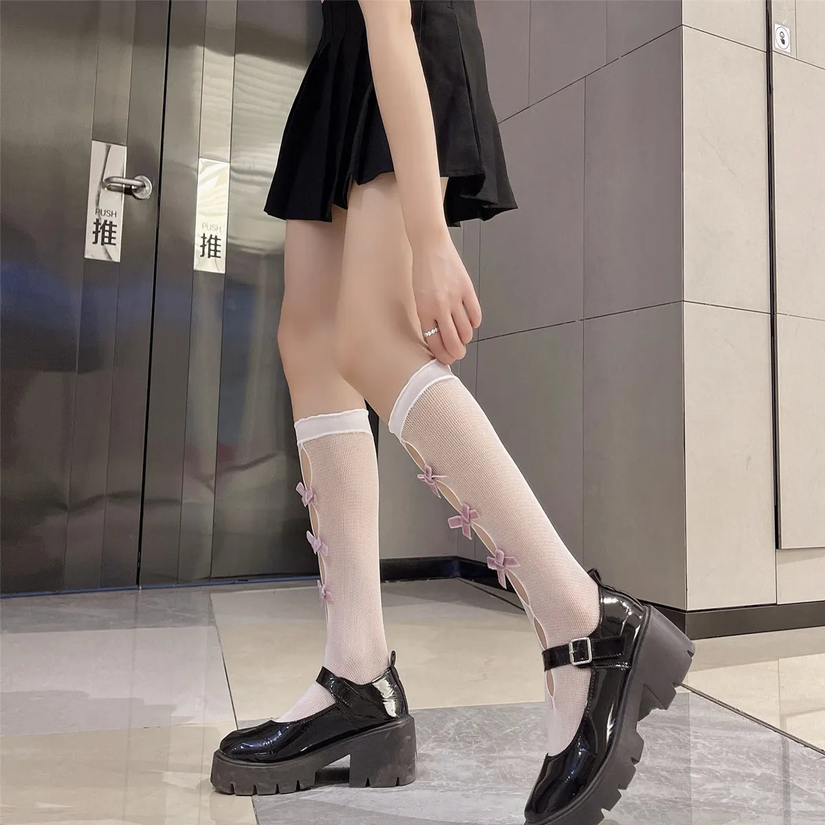 Kawaii Hollow Out Mesh Fishnet Socks | Cute Bow Long Stockings