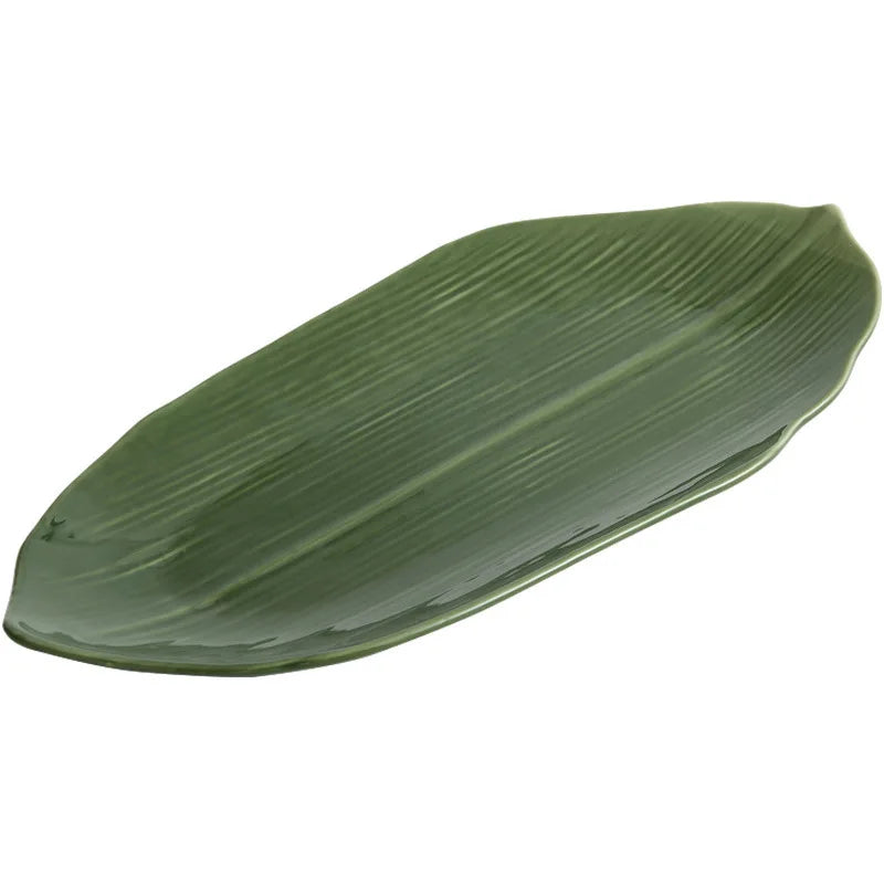 Elegant Green Bamboo Leaves Ceramic Sushi Plate for Desserts